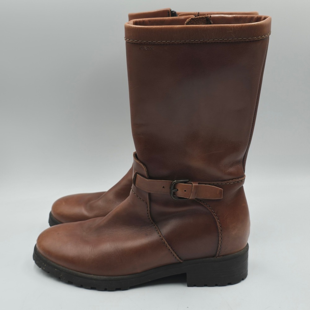 Geox Boots Womens 39 Mid Calf Brown Leather Zip Up Lug Sole Buckle Equestrian
